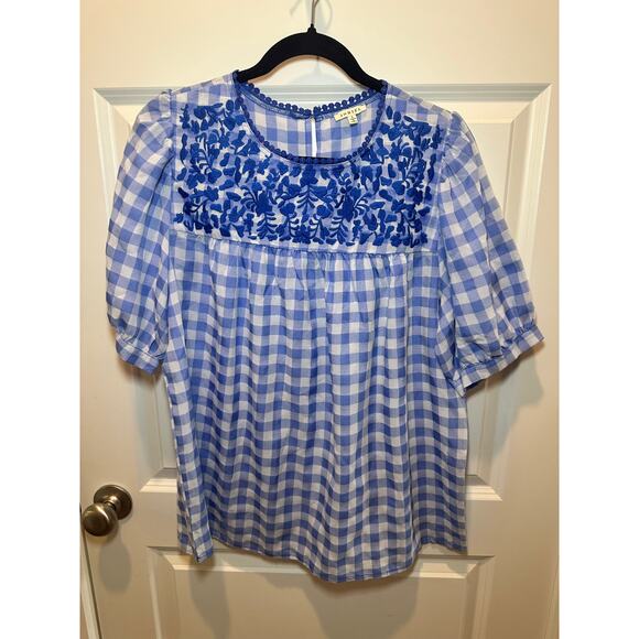 Jodifl Gingham Embroidered Peplum Blouse Cottagecore Spring Floral Top Size L - Picture 2 of 12
